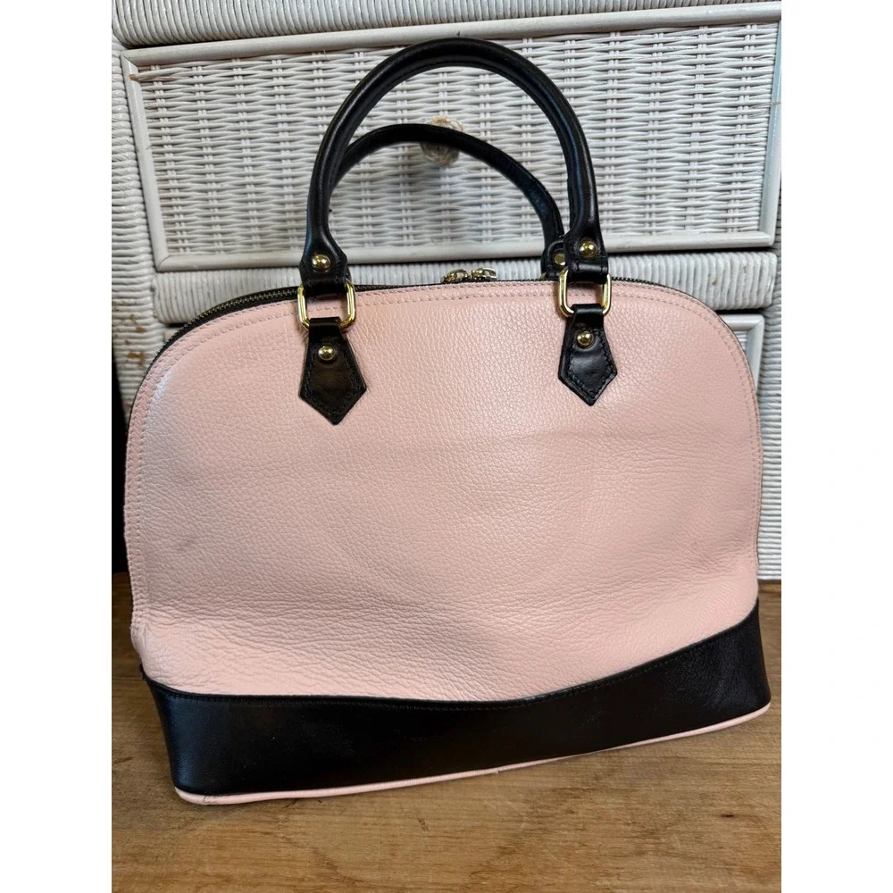 Vera Pelle Italy Pink Black Pebbled Leather Dome Satchel Handbag Gold Hardware